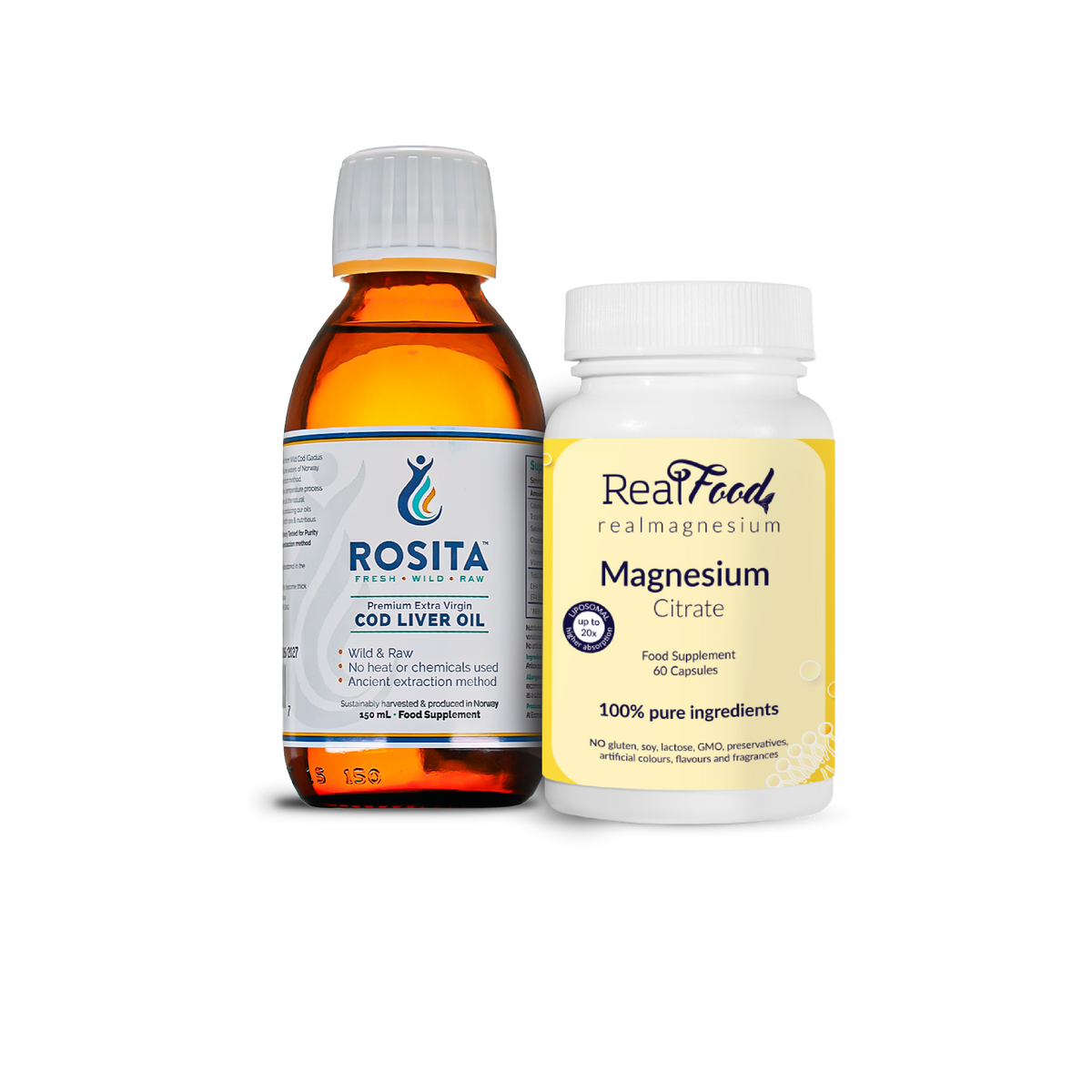 Пакет течно рибено масло Rosita EVCLO 150 мл и липозомен магнезий RealFood 60 капсули