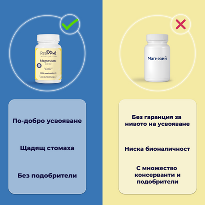Магнезиев цитрат, без подобрители, щадящ стомаха.